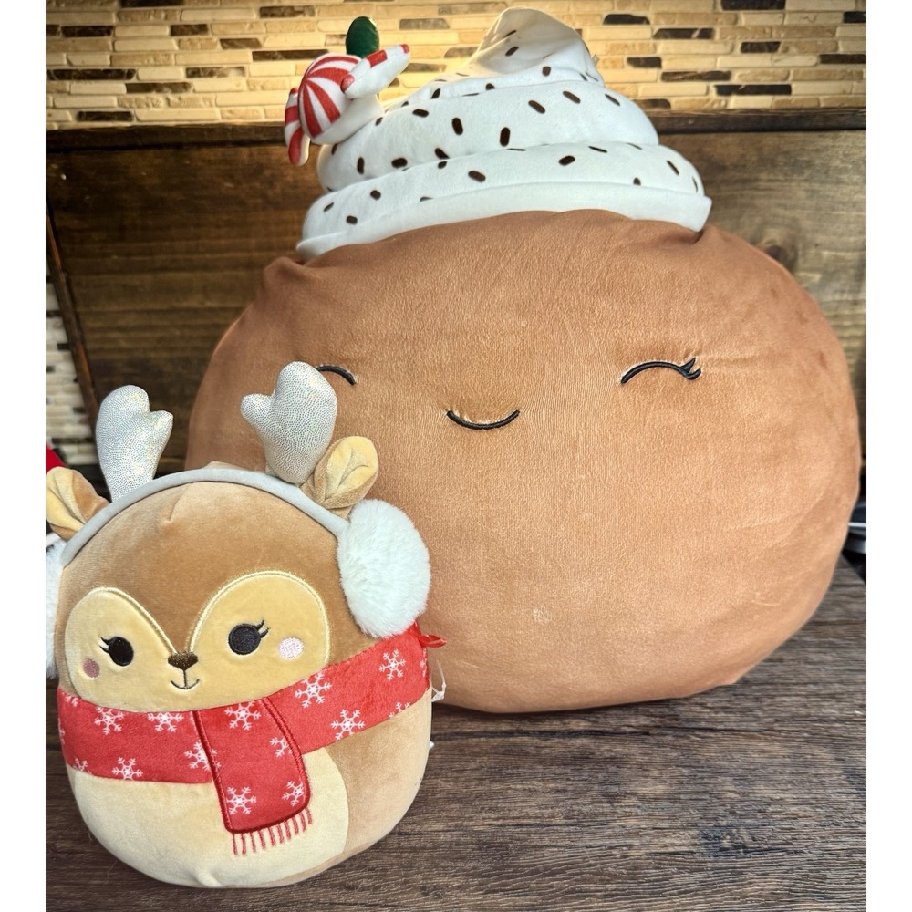 Squishmallows Hot‎ Cocoa 20" & Reindeer 12" Holiday Plush Lot Christmas